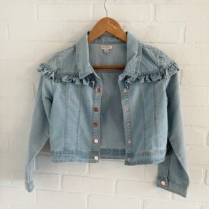 Nanette Lepore girl’s Denim Jacket Crop Light wash Ruffled Cotton blend Sz 12